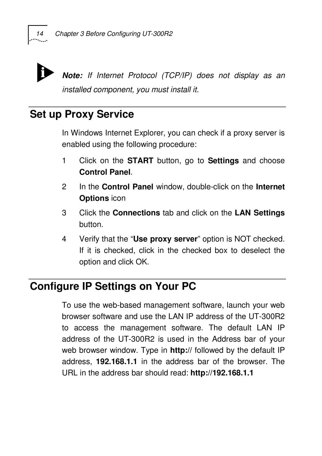 UTStarcom UT-300R2 manual Set up Proxy Service, Configure IP Settings on Your PC 