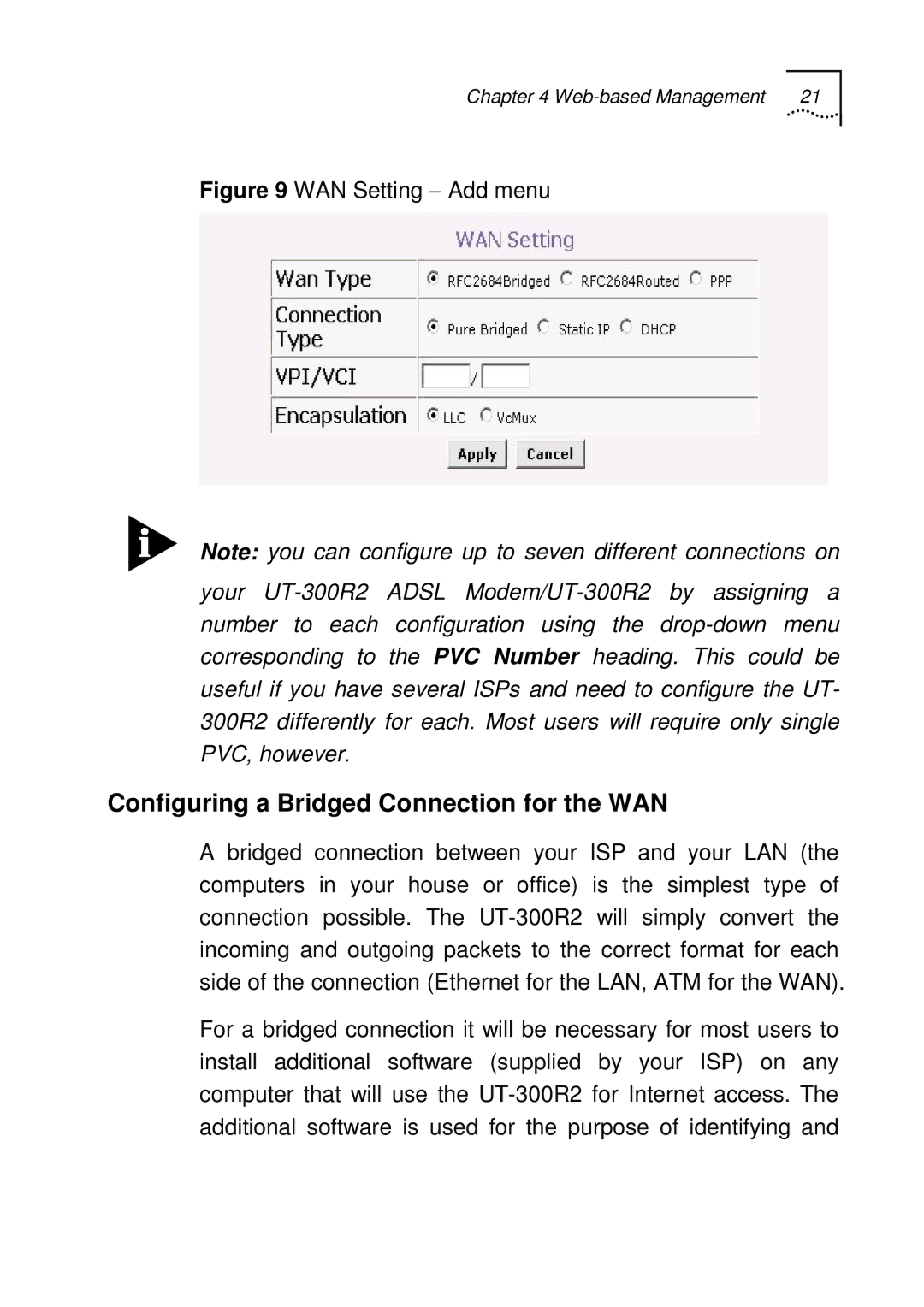 UTStarcom UT-300R2 manual Configuring a Bridged Connection for the WAN, WAN Setting − Add menu 