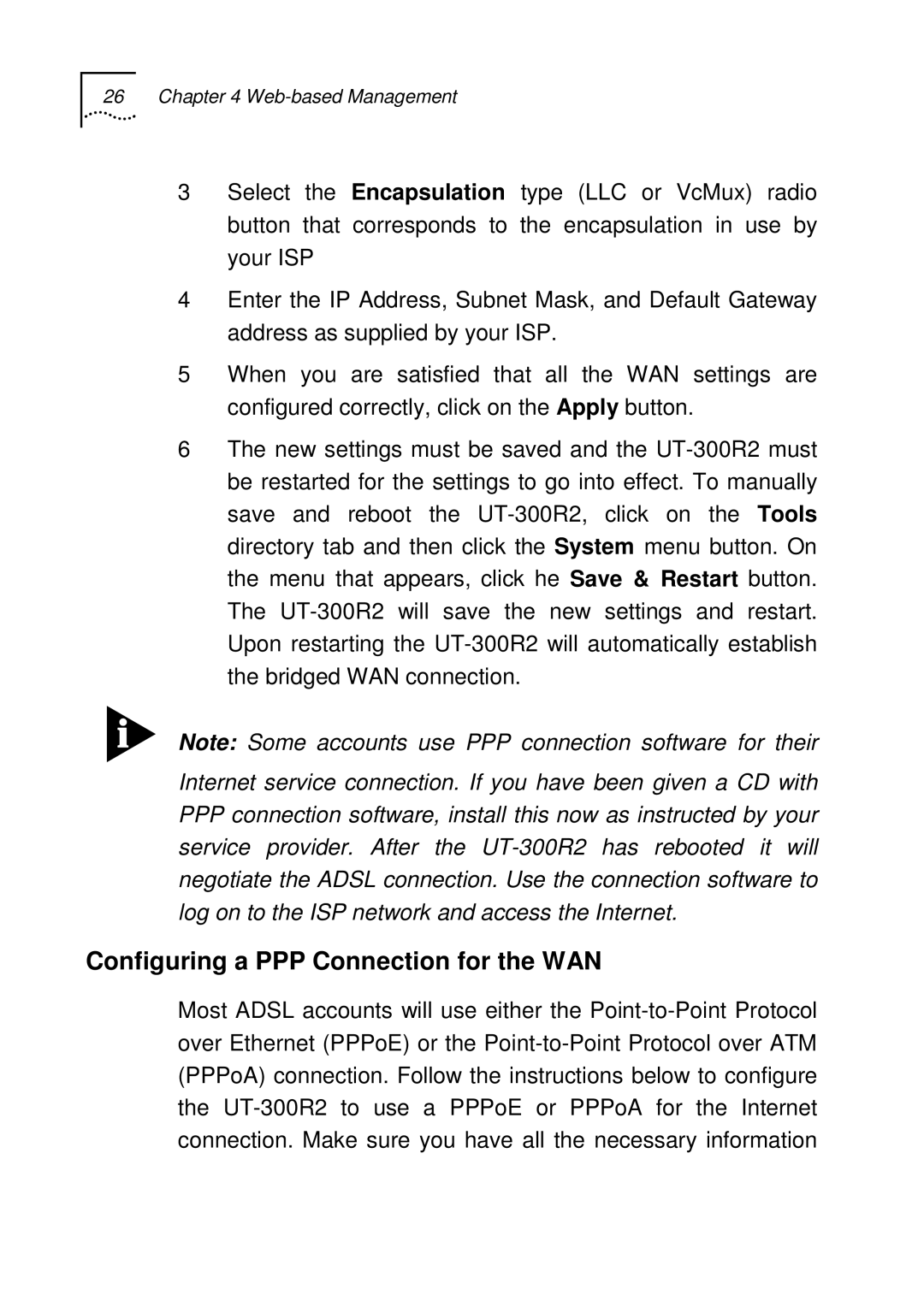 UTStarcom UT-300R2 manual Configuring a PPP Connection for the WAN 