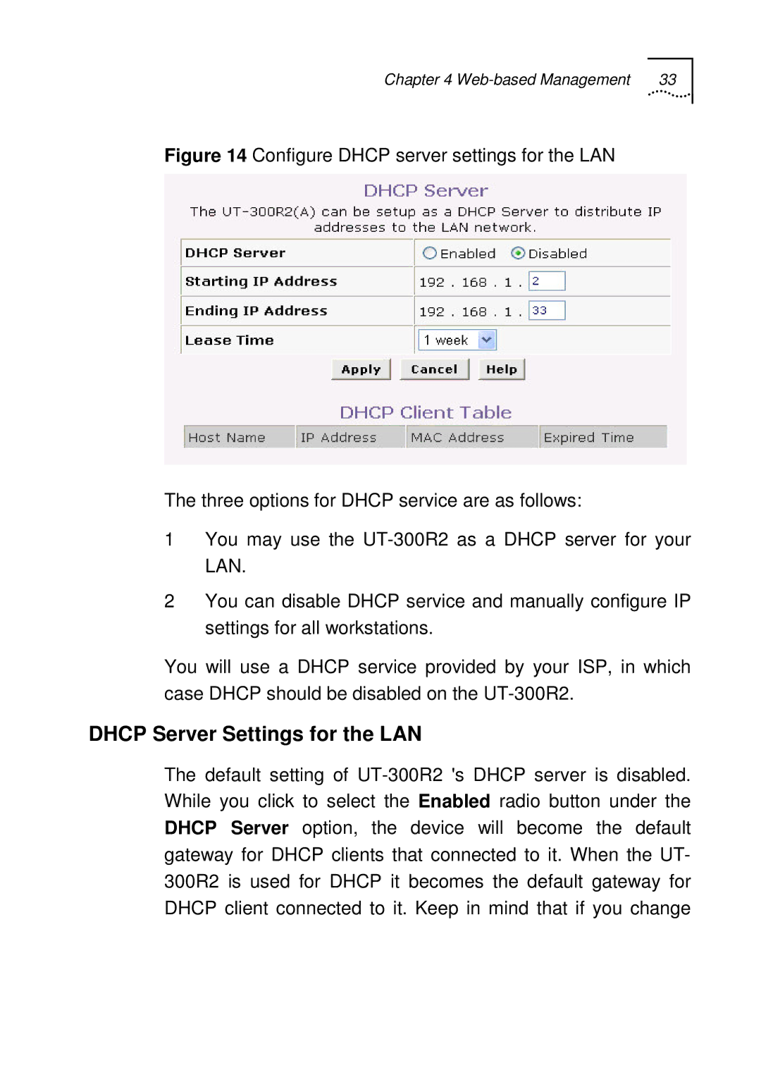 UTStarcom UT-300R2 manual Dhcp Server Settings for the LAN 