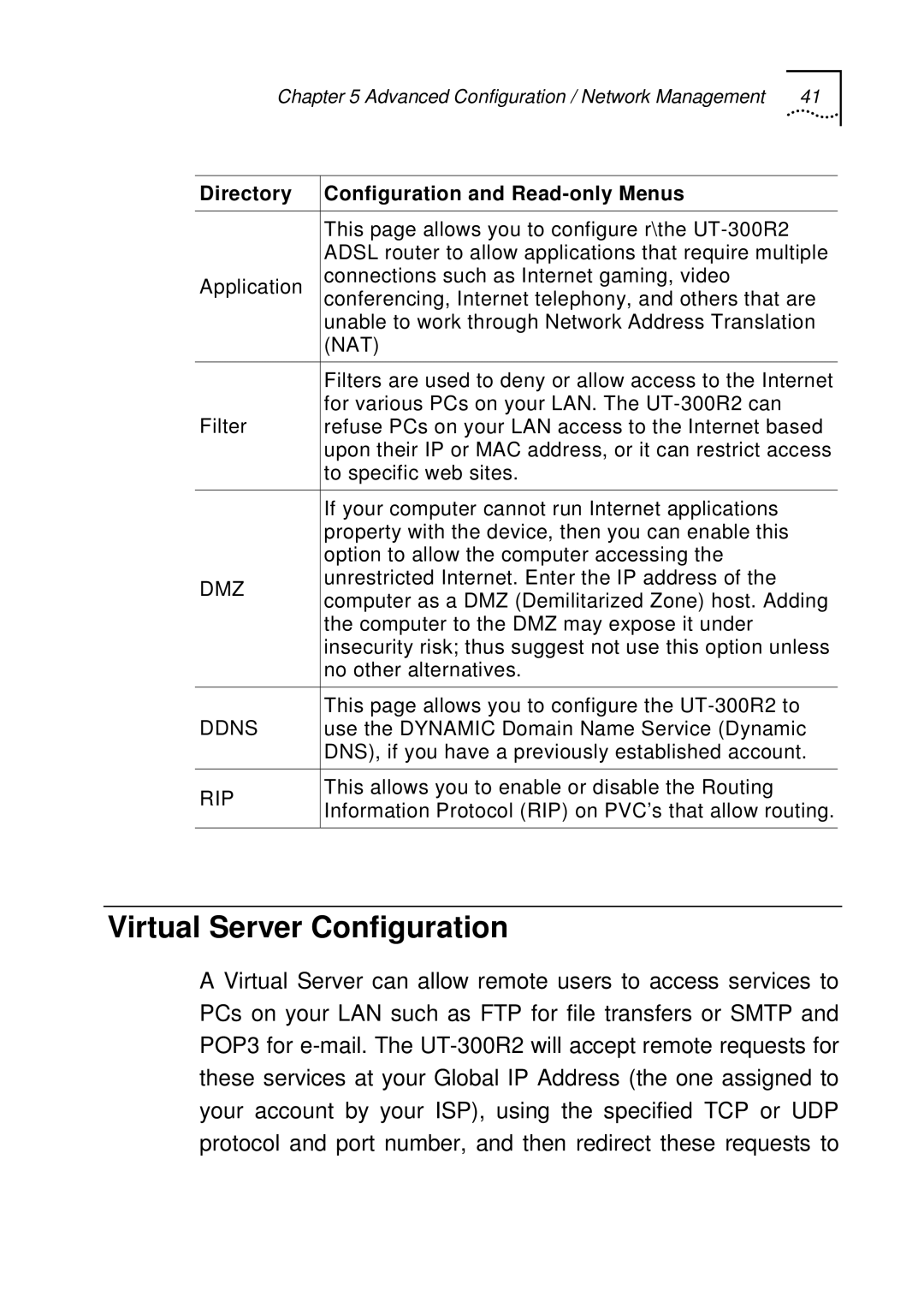 UTStarcom UT-300R2 manual Virtual Server Configuration, Nat 