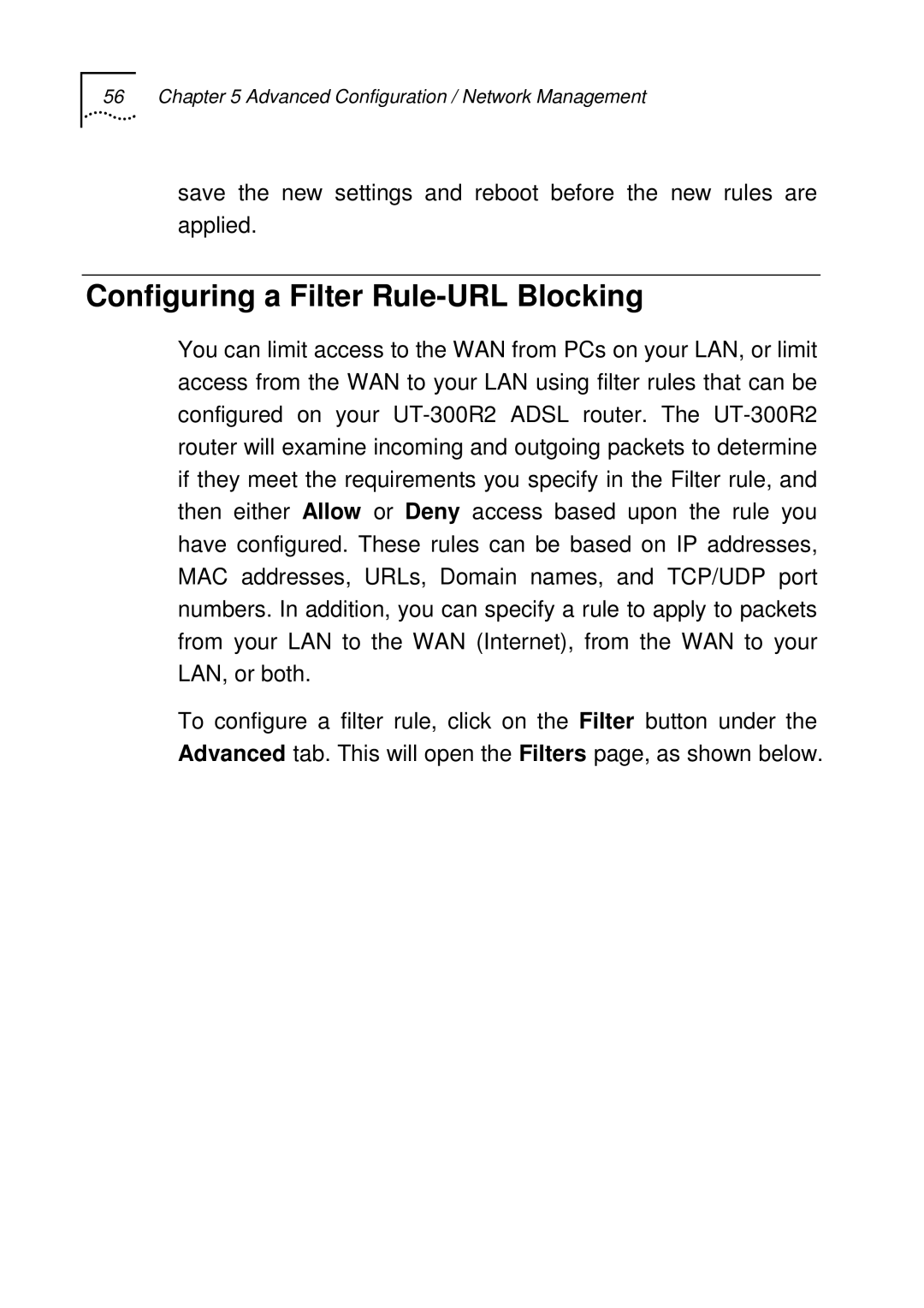 UTStarcom UT-300R2 manual Configuring a Filter Rule-URL Blocking 