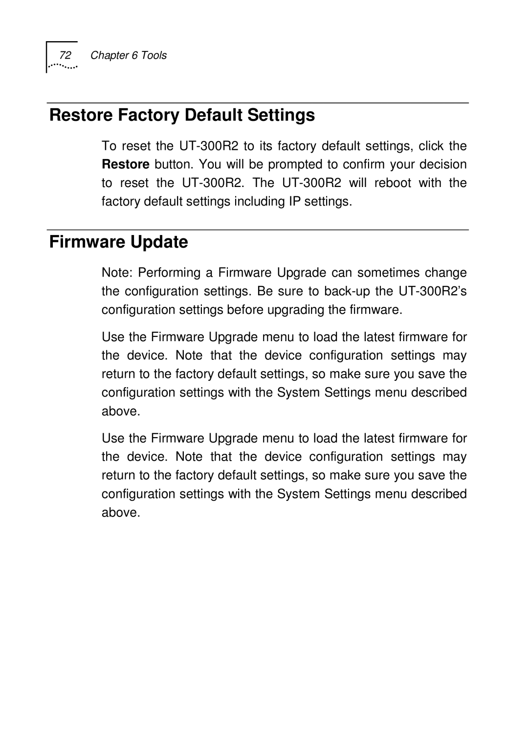 UTStarcom UT-300R2 manual Restore Factory Default Settings, Firmware Update 