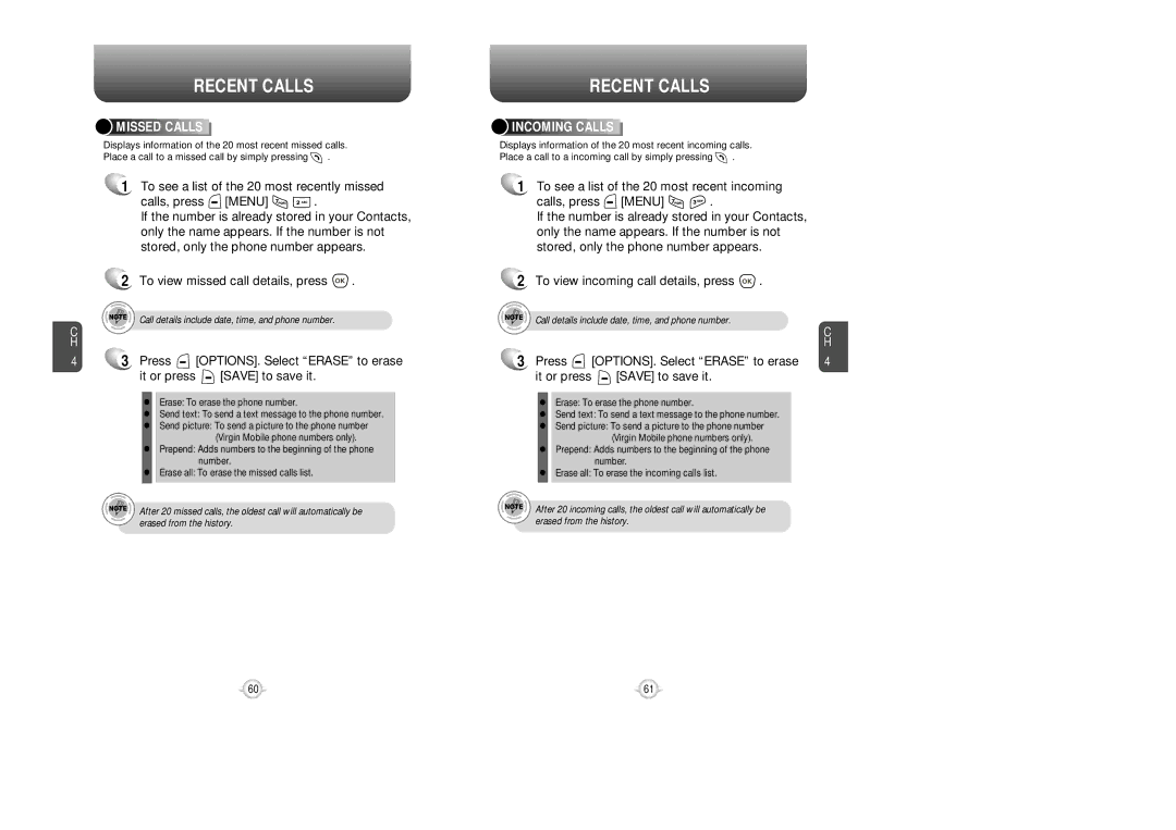 UTStarcom VM8915 manual Missed Calls, Incoming Calls 