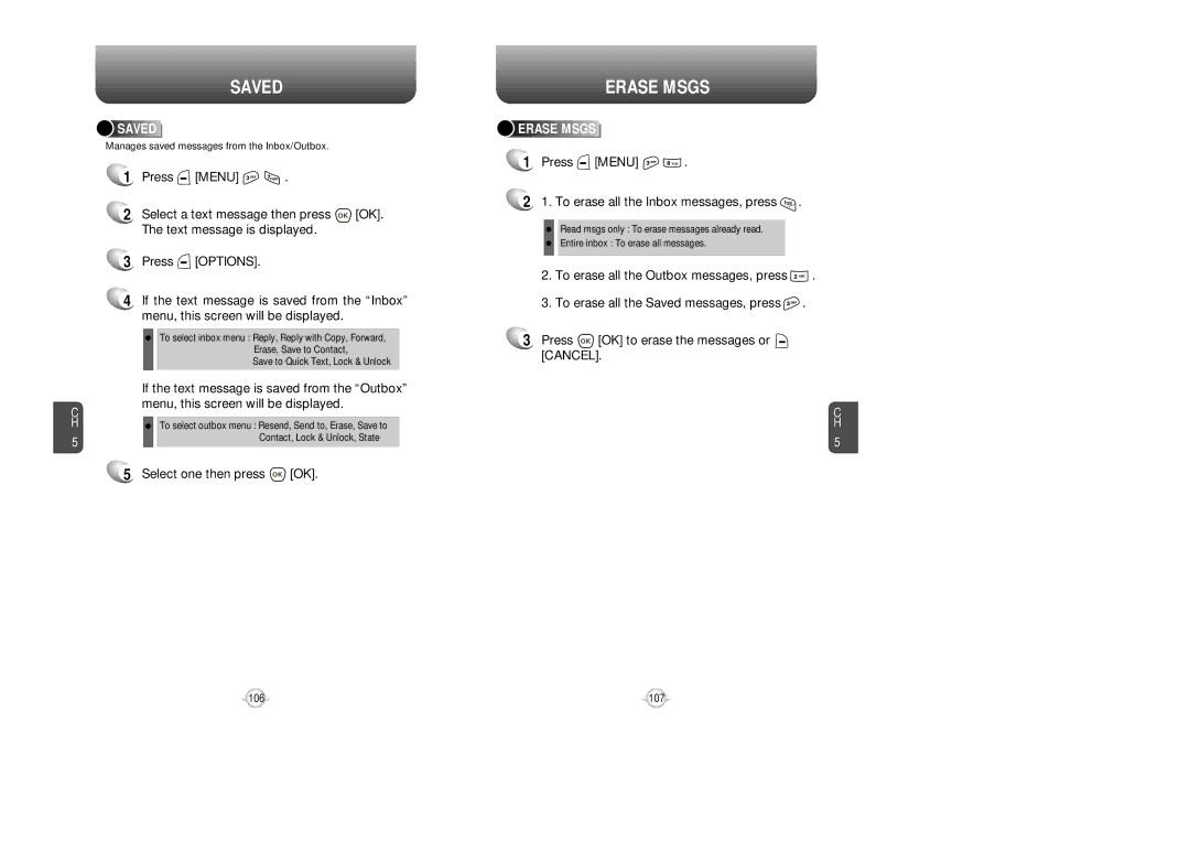 UTStarcom VM8915 manual Saved, Erase Msgs, Select one then press OK, Press Menu To erase all the Inbox messages, press 