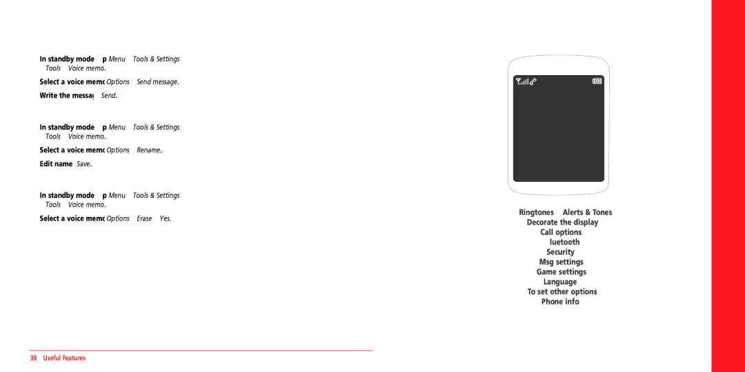 UTStarcom VMUTX1 dimensions Settings, To send voice memo using multimedia Message, To rename saved voice memo 