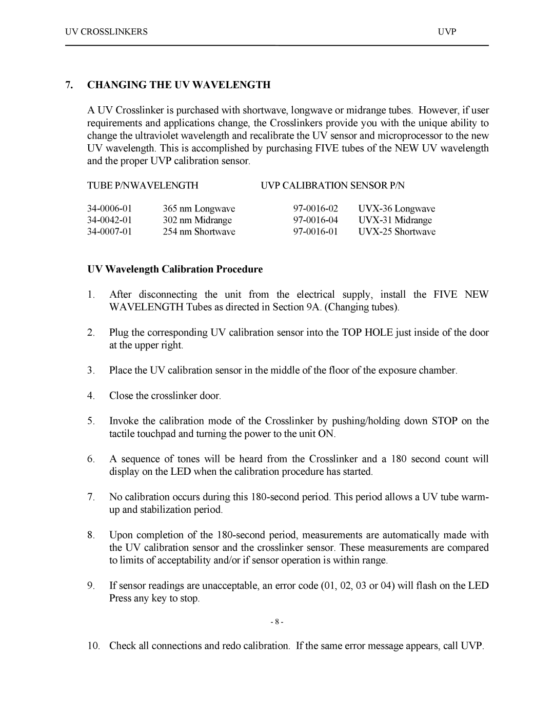 UVPS 81-0112-01 Rev C manual Changing the UV Wavelength, UV Wavelength Calibration Procedure 