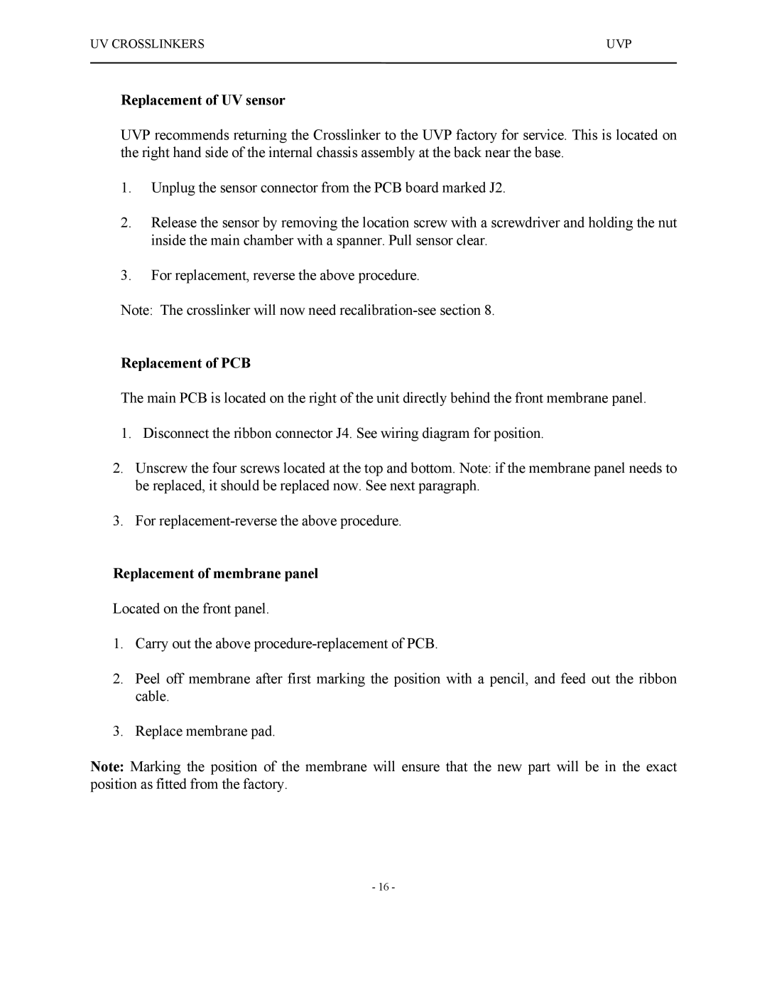 UVPS 81-0112-01 Rev C manual Replacement of UV sensor, Replacement of PCB, Replacement of membrane panel 