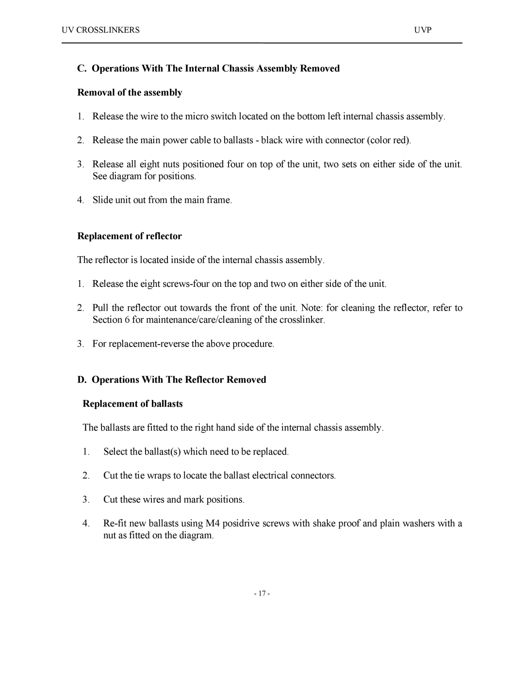 UVPS 81-0112-01 Rev C manual Replacement of reflector 