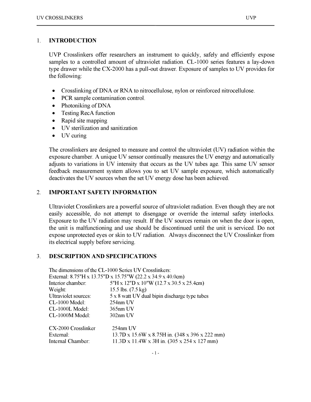 UVPS 81-0112-01 Rev C manual Introduction, Important Safety Information, Description and Specifications 