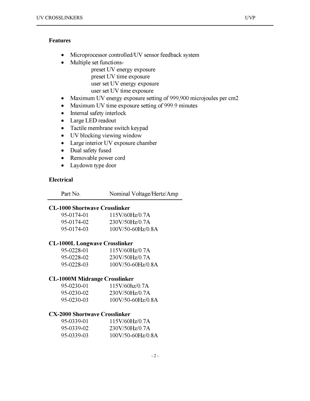 UVPS 81-0112-01 Rev C manual Features, Electrical, CL-1000 Shortwave Crosslinker, CL-1000L Longwave Crosslinker 