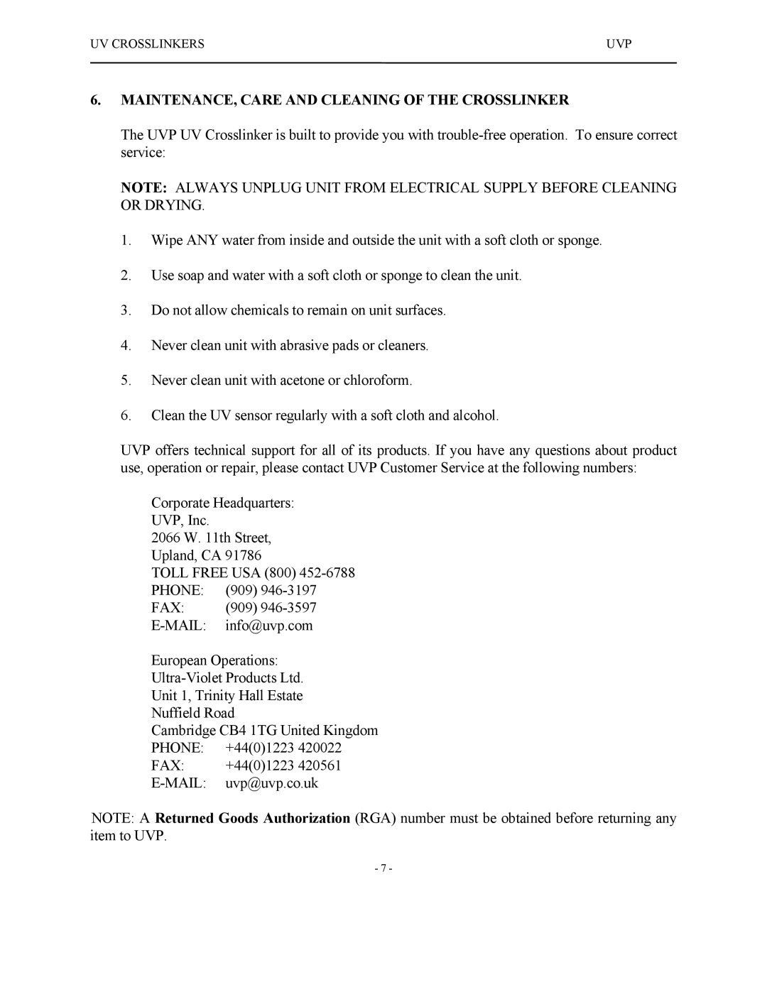 UVPS 81-0112-01 Rev C manual MAINTENANCE, Care and Cleaning of the Crosslinker 