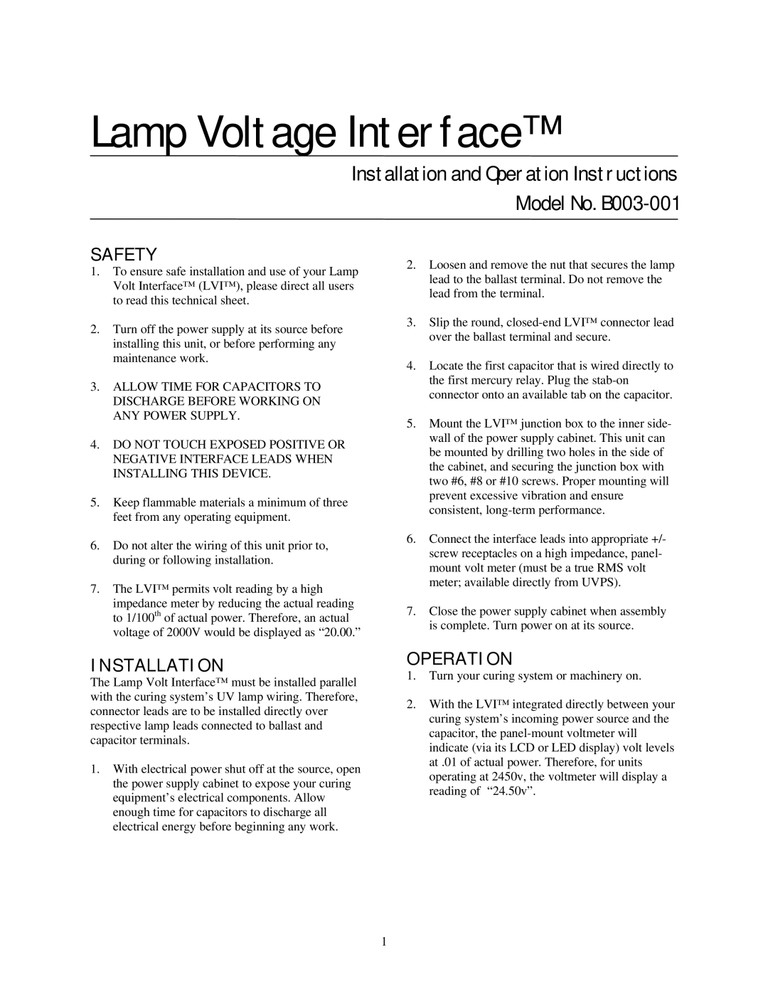 UVPS manual Lamp Voltage Interface, Installation and Operation Instructions Model No. B003-001, Safety 