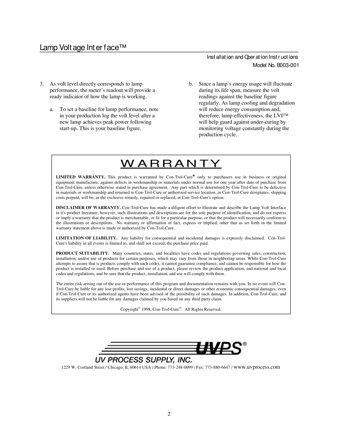 UVPS manual Lamp Voltage Interface, R R a N T Y, Installation and Operation Instructions Model No. B003-001 