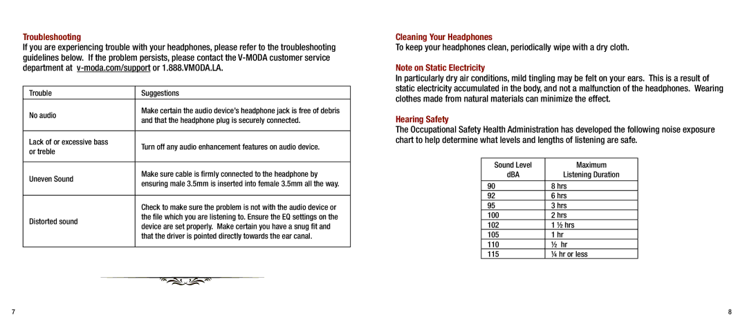 V-Moda M-80-SHADOW manual Troubleshooting, Cleaning Your Headphones, Hearing Safety 