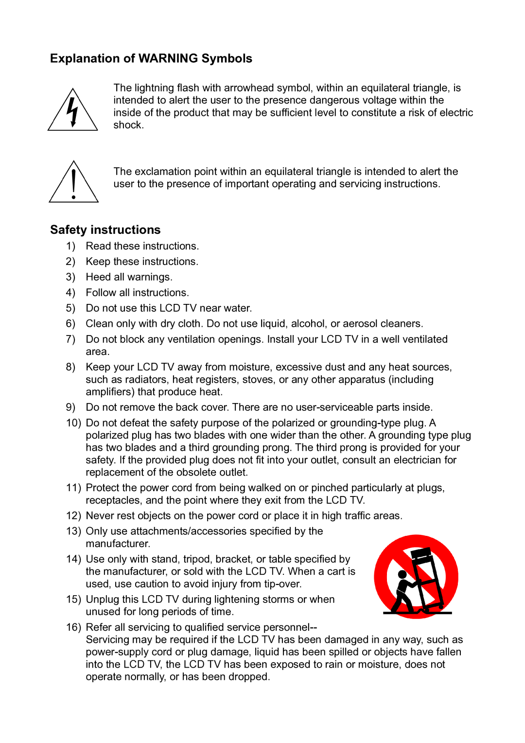 V7 LTV19HD manual Explanation of Warning Symbols, Safety instructions 