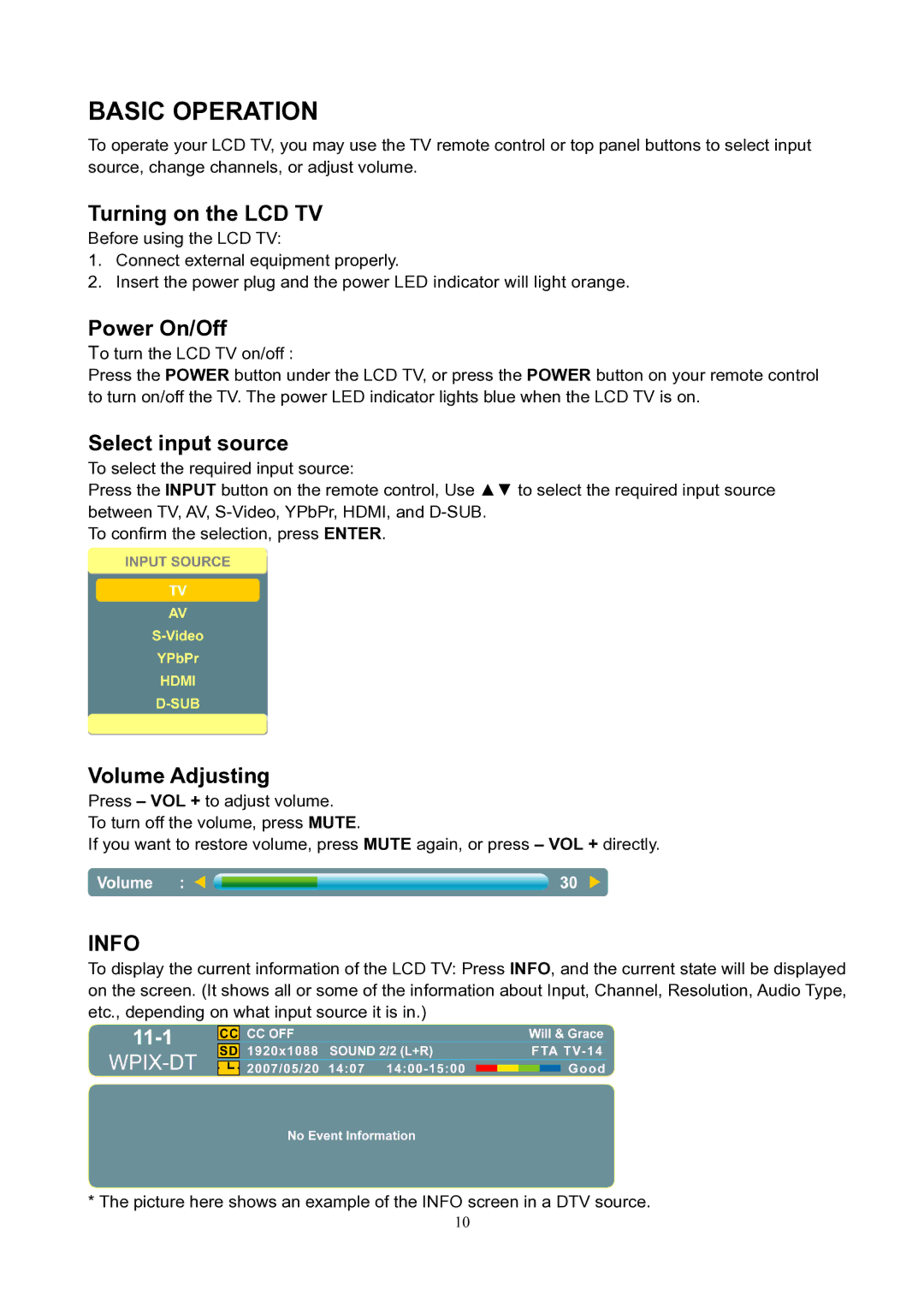 V7 LTV19HD manual Basic Operation, Turning on the LCD TV, Power On/Off, Select input source, Volume Adjusting 