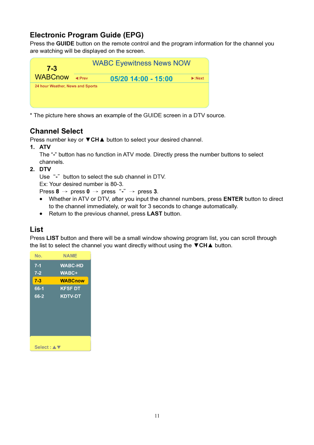 V7 LTV19HD manual Electronic Program Guide EPG, Channel Select, List 