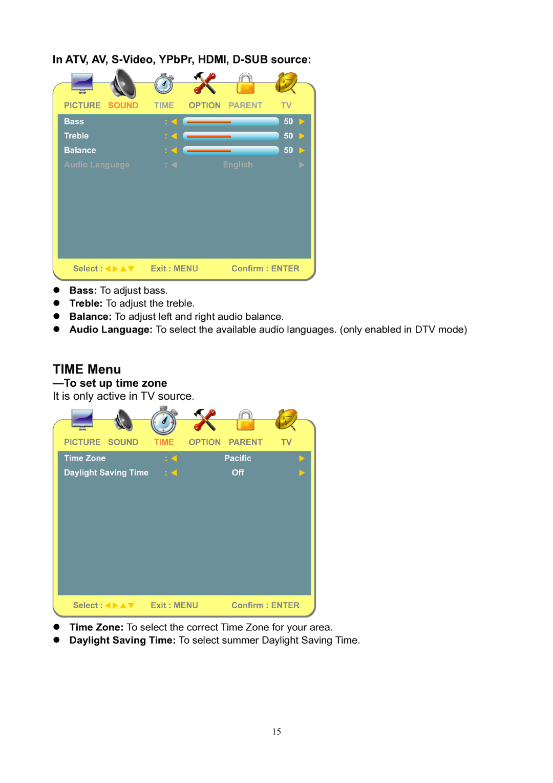 V7 LTV19HD manual Time Menu, ATV, AV, S-Video, YPbPr, HDMI, D-SUB source 