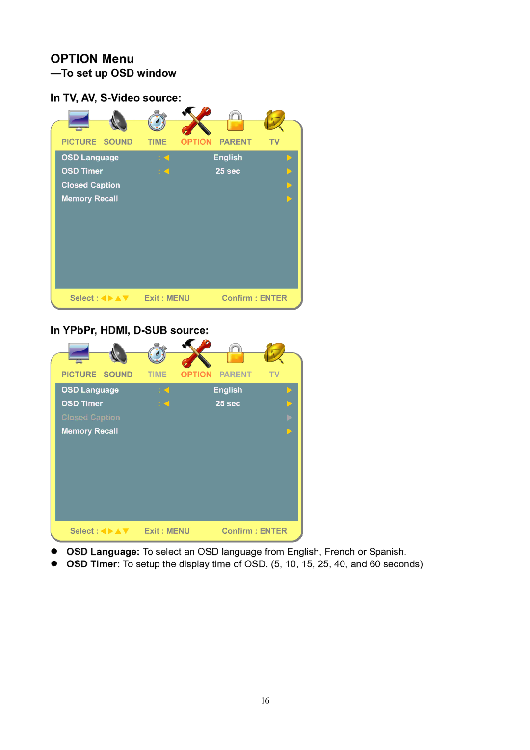 V7 LTV19HD manual Option Menu 