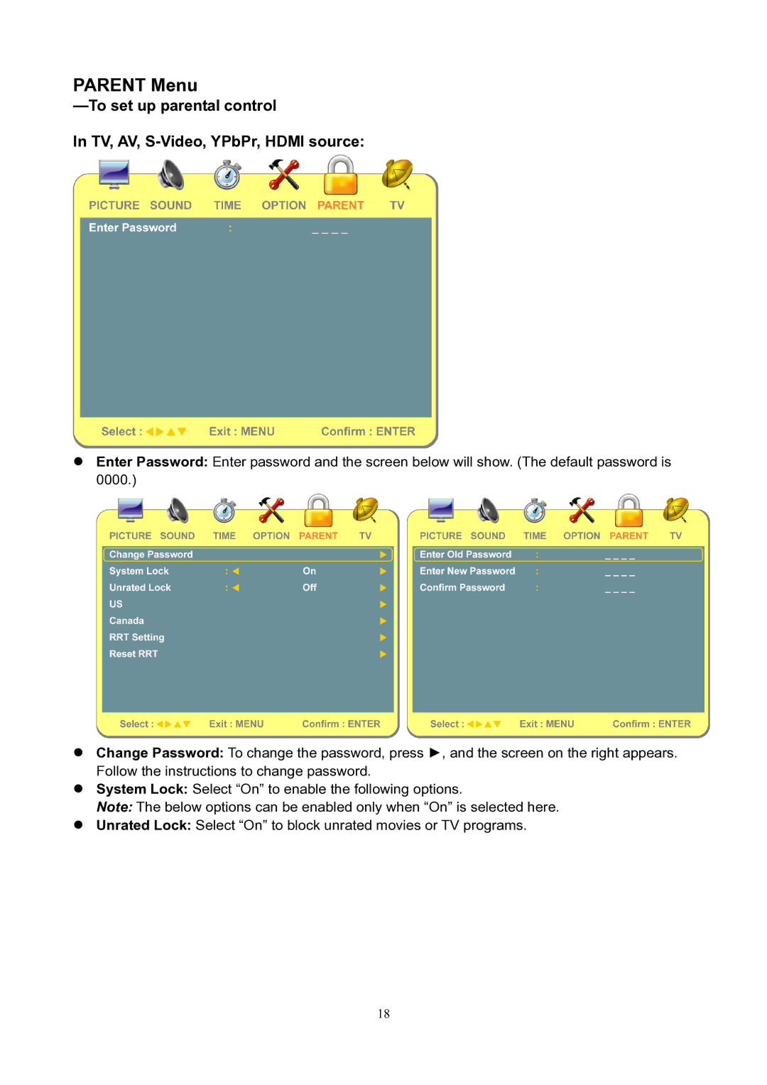 V7 LTV19HD manual Parent Menu 