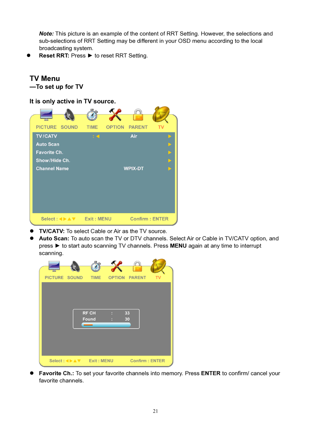 V7 LTV19HD manual TV Menu, To set up for TV It is only active in TV source 