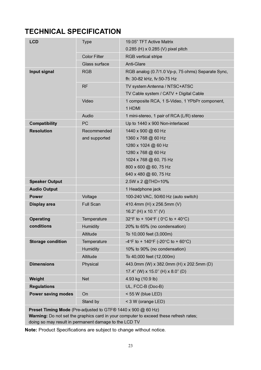 V7 LTV19HD manual Technical Specification, Lcd 