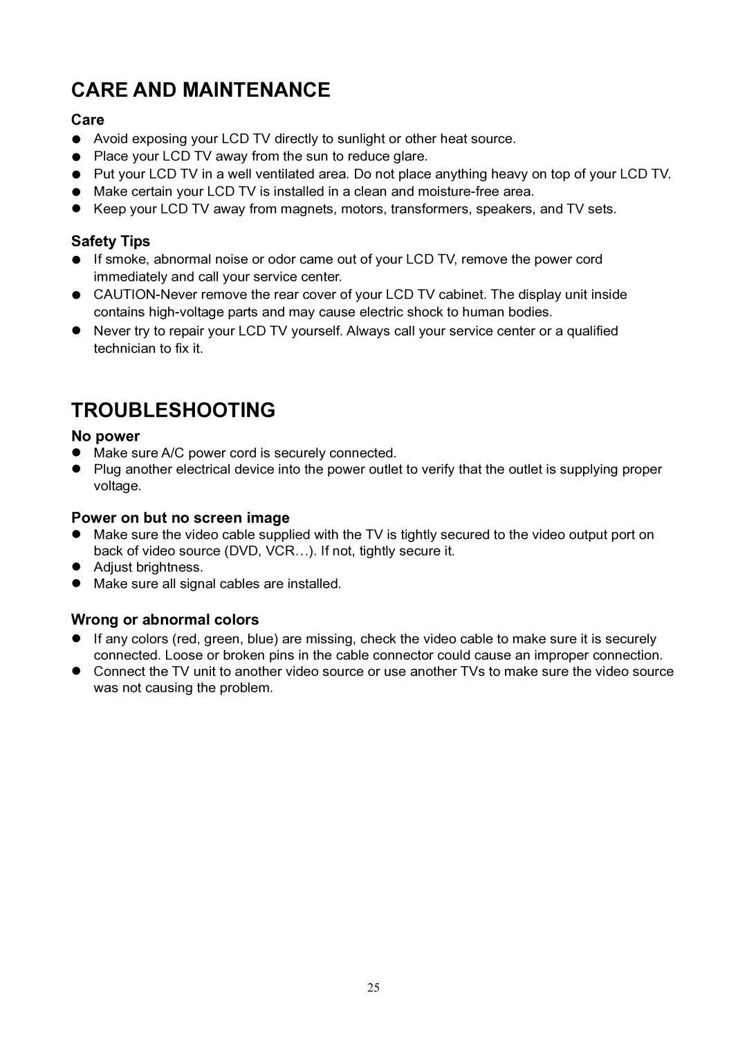 V7 LTV19HD manual Care and Maintenance, Troubleshooting 