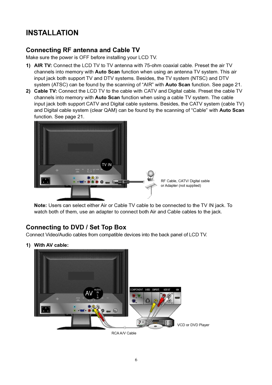 V7 LTV19HD manual Installation, Connecting RF antenna and Cable TV, Connecting to DVD / Set Top Box 