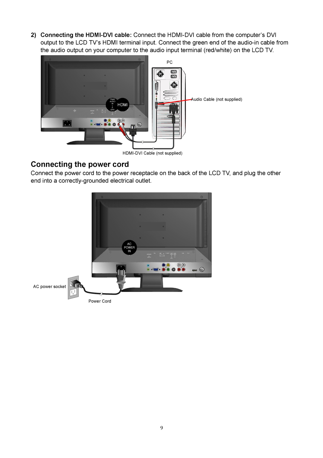 V7 LTV22HD manual Connecting the power cord 