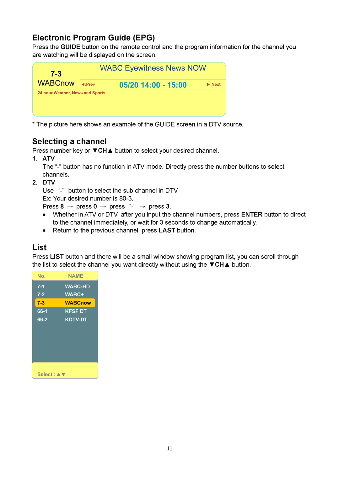 V7 LTV22HD manual Electronic Program Guide EPG, Selecting a channel, List 