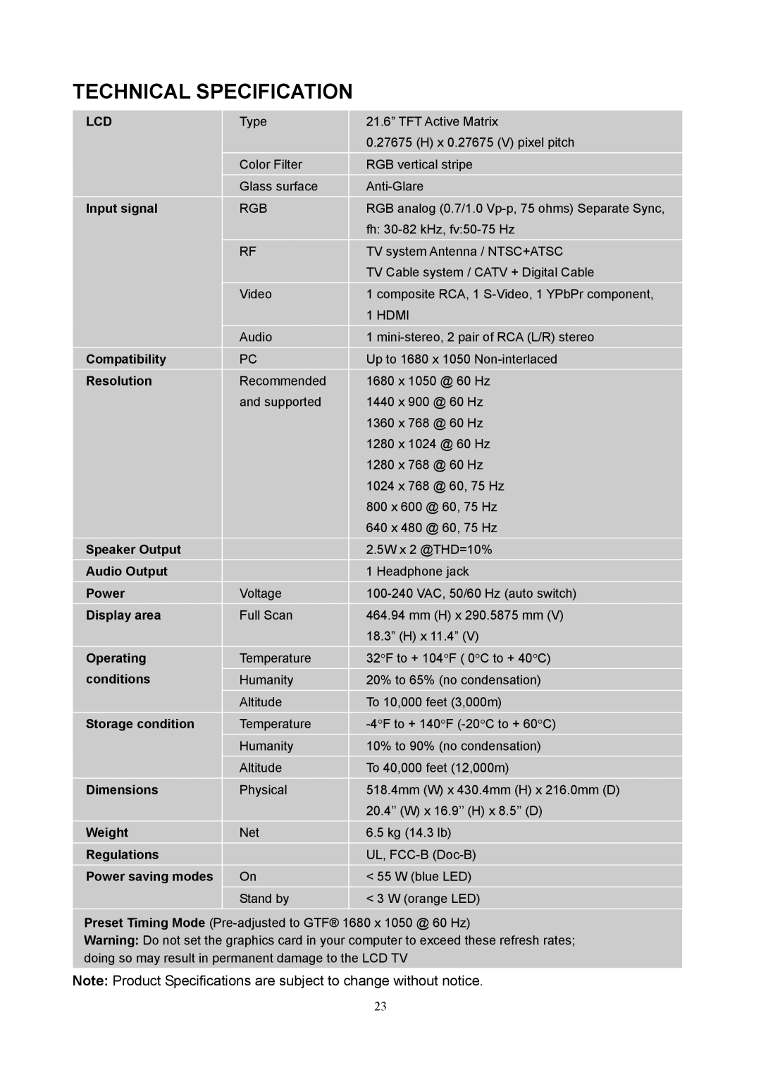 V7 LTV22HD manual Technical Specification, Lcd 