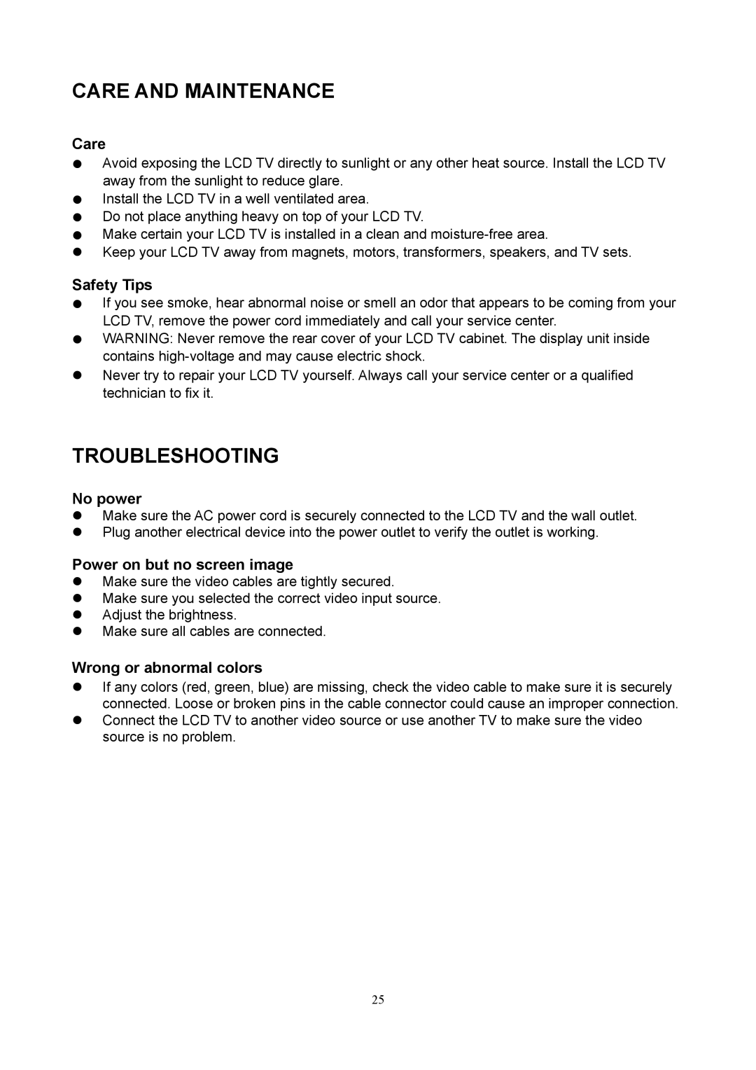 V7 LTV22HD manual Care and Maintenance, Troubleshooting 