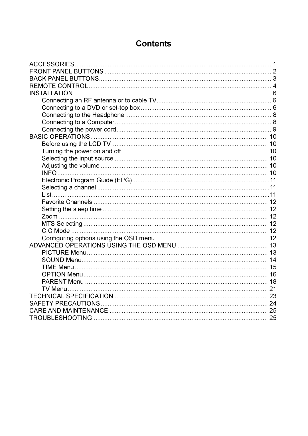 V7 LTV22HD manual Contents 