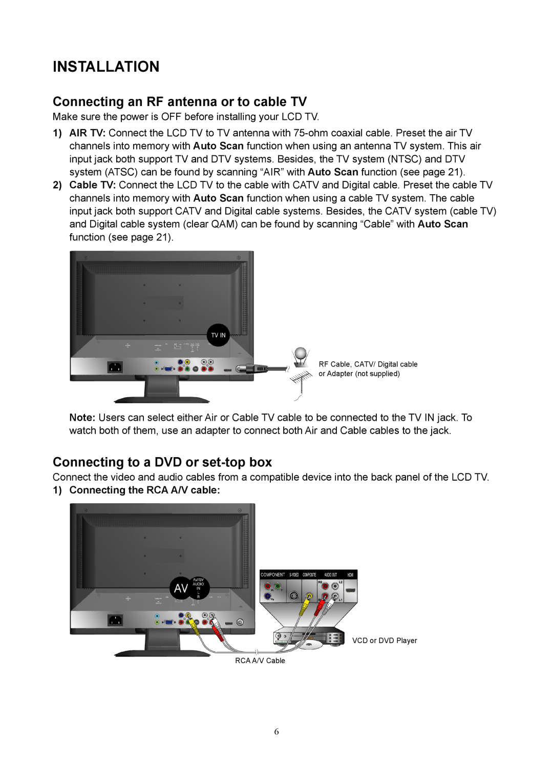 V7 LTV22HD manual Installation, Connecting an RF antenna or to cable TV, Connecting to a DVD or set-top box 