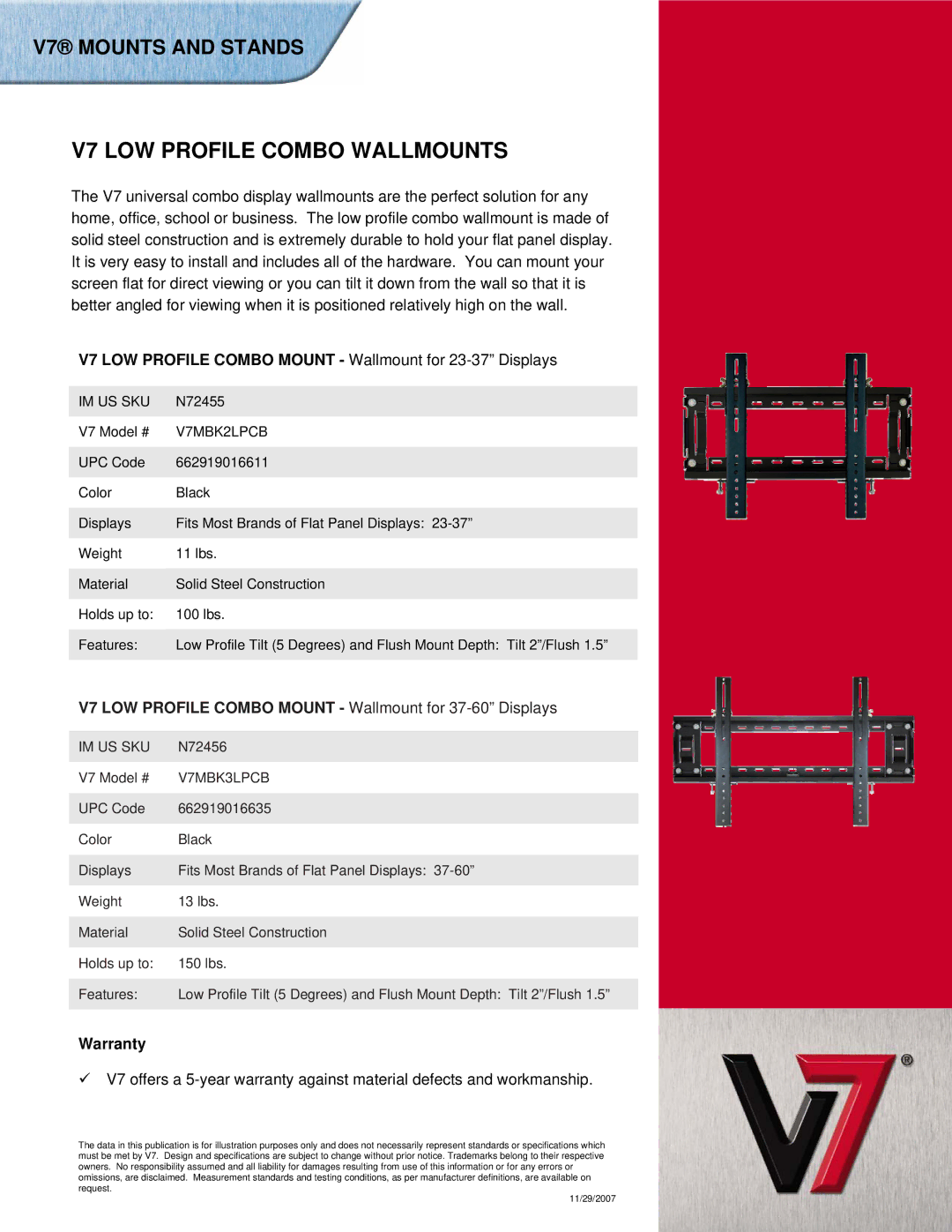 V7 V7MBK3LPCB manual V7 LOW Profile Combo Wallmounts, V7 LOW Profile Combo Mount Wallmount for 23-37 Displays, Warranty 