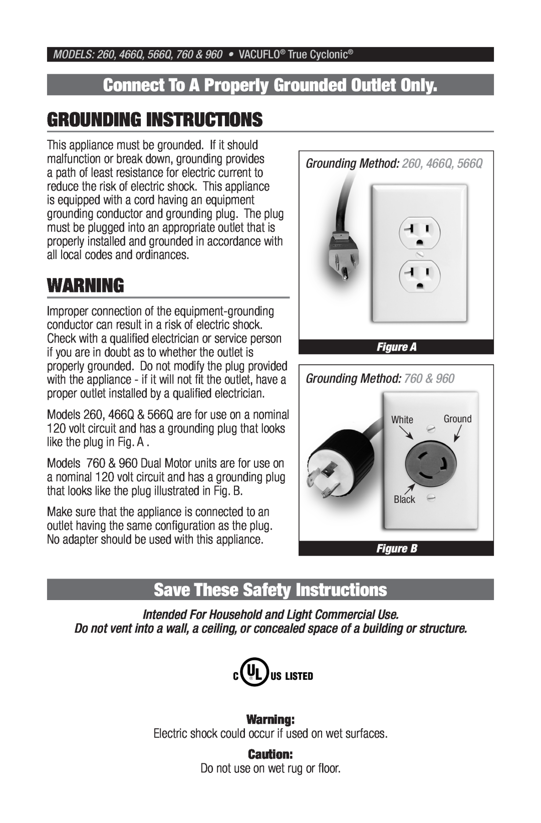 Vacuflo 466Q Grounding Instructions, Connect To A Properly Grounded Outlet Only, Save These Safety Instructions, Figure A 