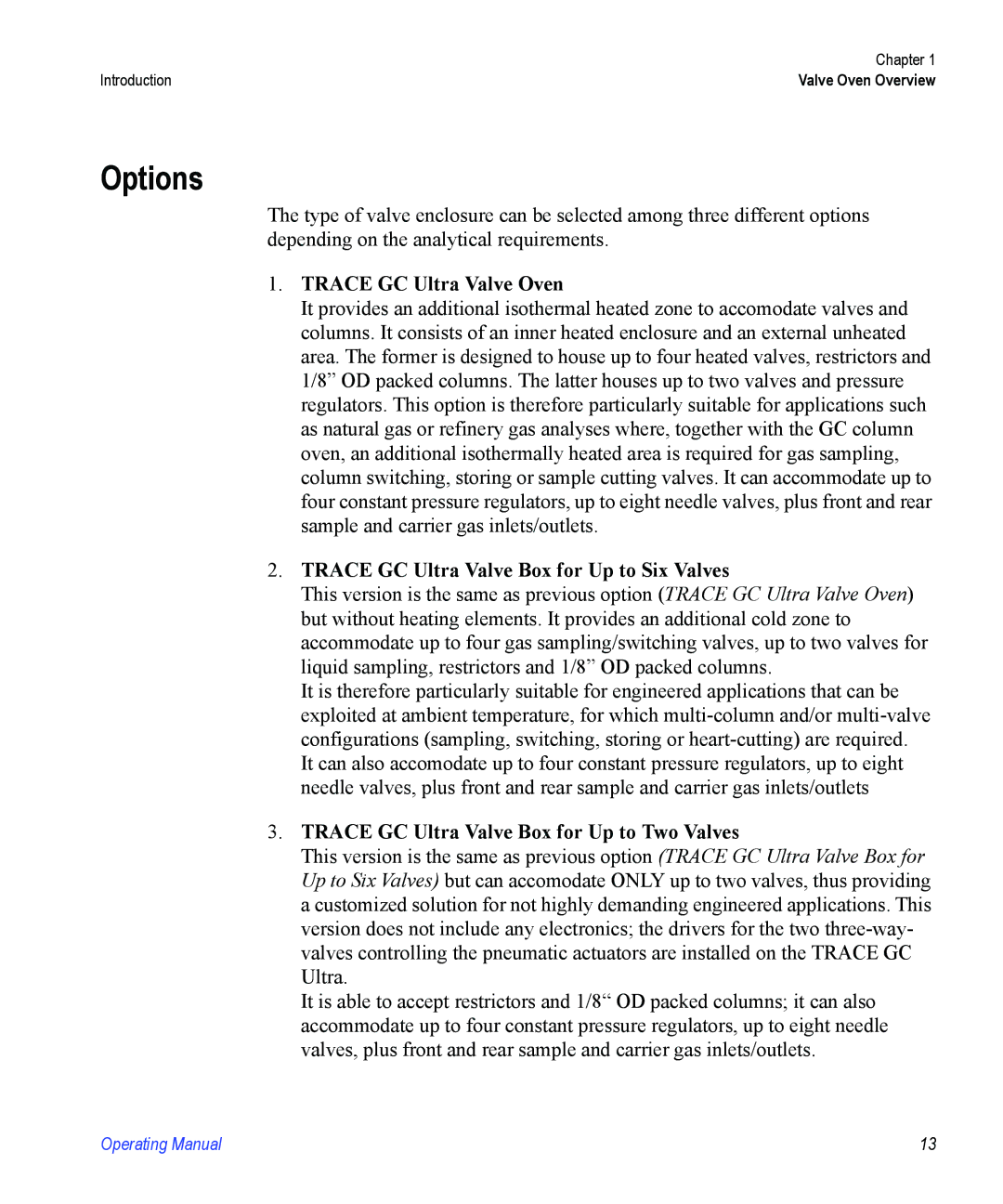 Valco electronic manual Options, Trace GC Ultra Valve Oven 