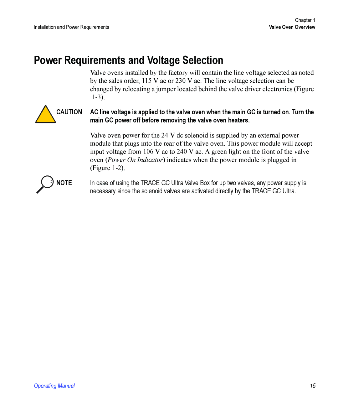 Valco electronic Valve Oven manual Power Requirements and Voltage Selection 