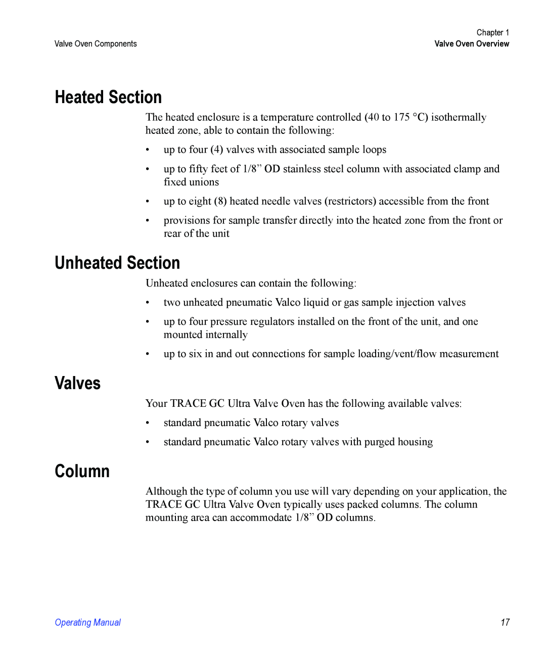 Valco electronic Valve Oven manual Heated Section, Unheated Section, Valves, Column 