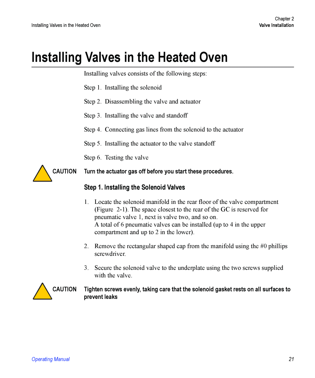 Valco electronic Valve Oven manual Installing Valves in the Heated Oven, Installing the Solenoid Valves 