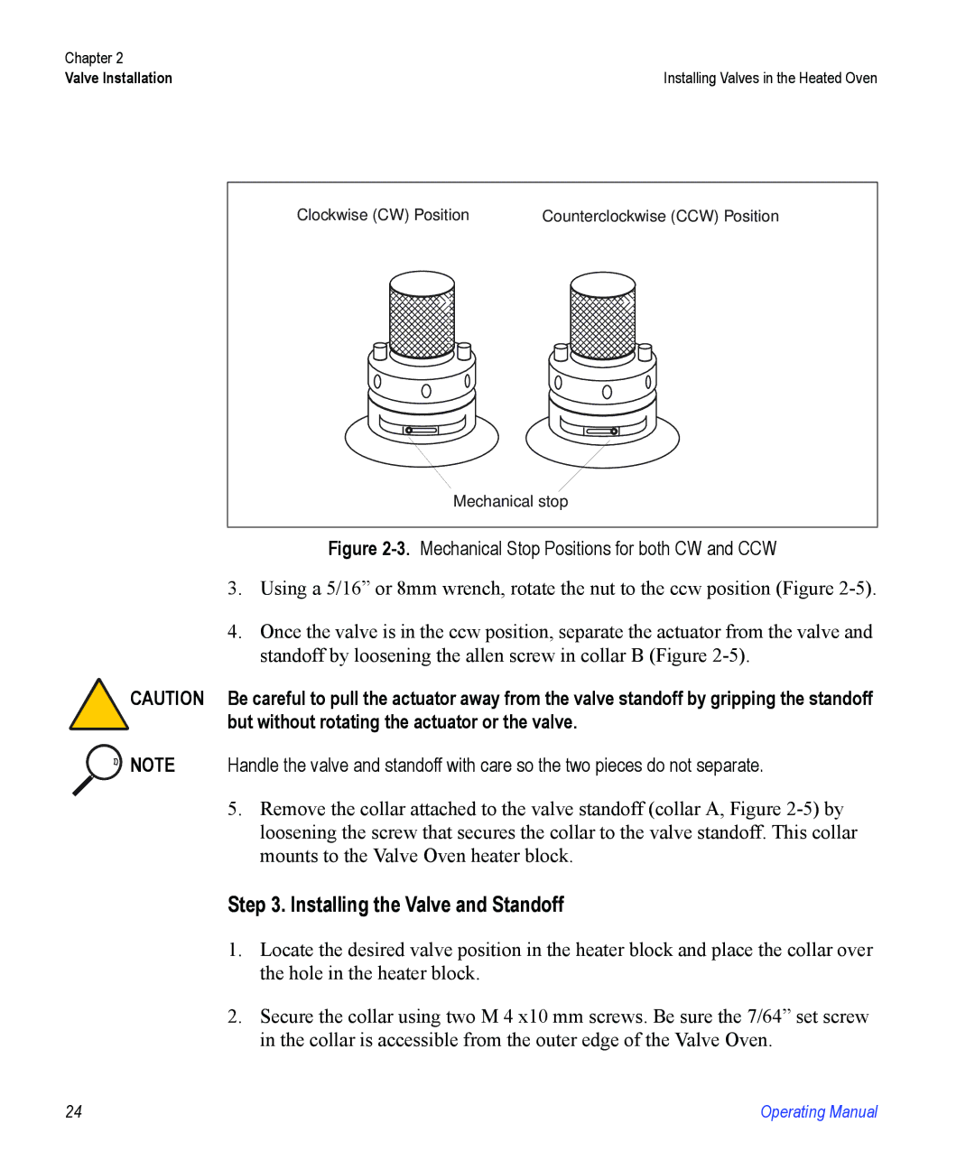 Valco electronic Valve Oven manual Installing the Valve and Standoff, Mechanical Stop Positions for both CW and CCW 