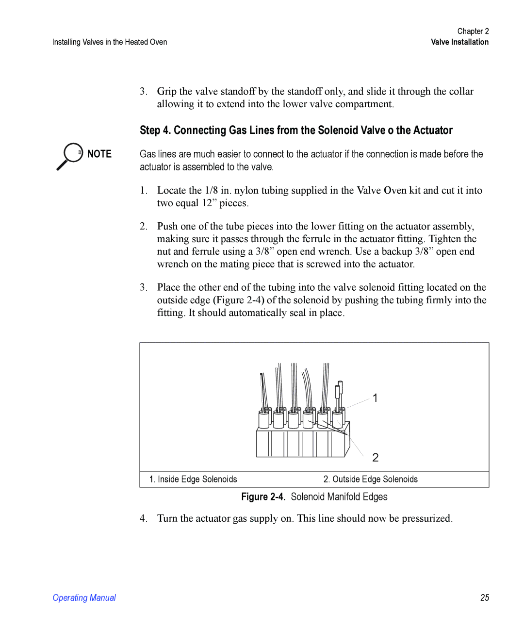 Valco electronic Valve Oven manual Connecting Gas Lines from the Solenoid Valve o the Actuator, Solenoid Manifold Edges 