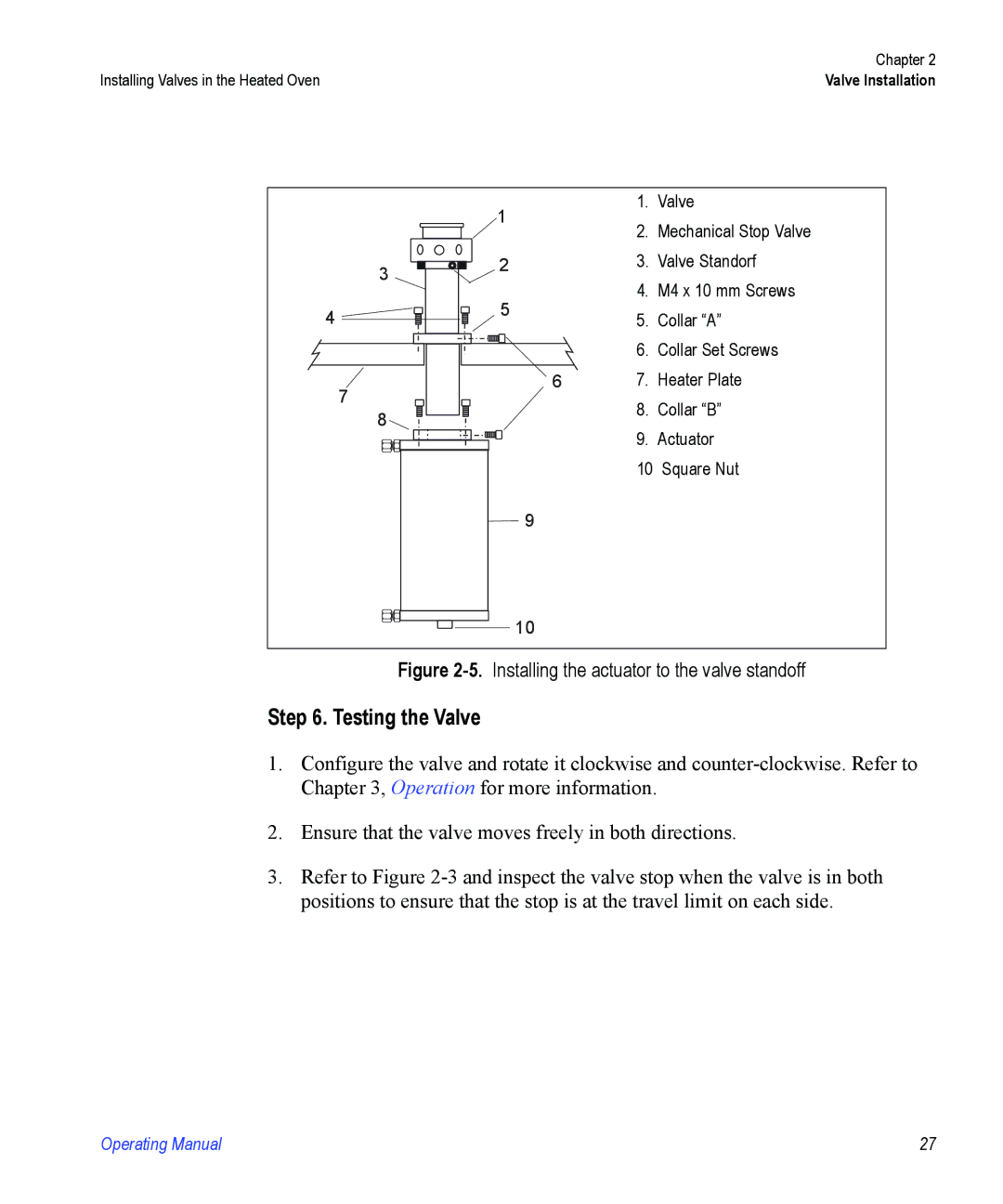 Valco electronic Valve Oven manual Testing the Valve, Installing the actuator to the valve standoff 