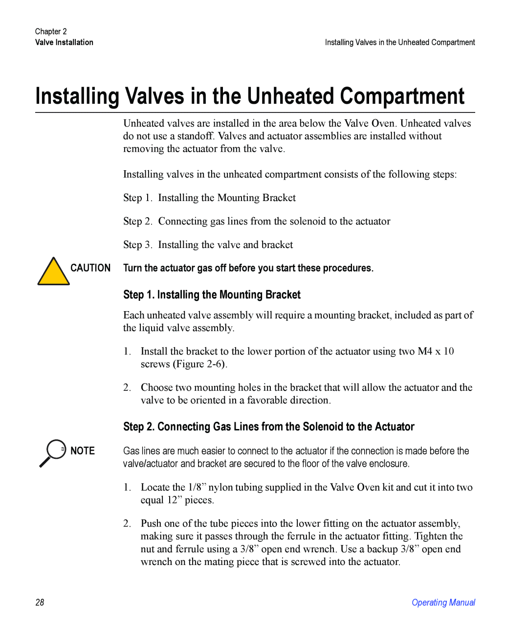 Valco electronic Valve Oven manual Installing Valves in the Unheated Compartment, Installing the Mounting Bracket 