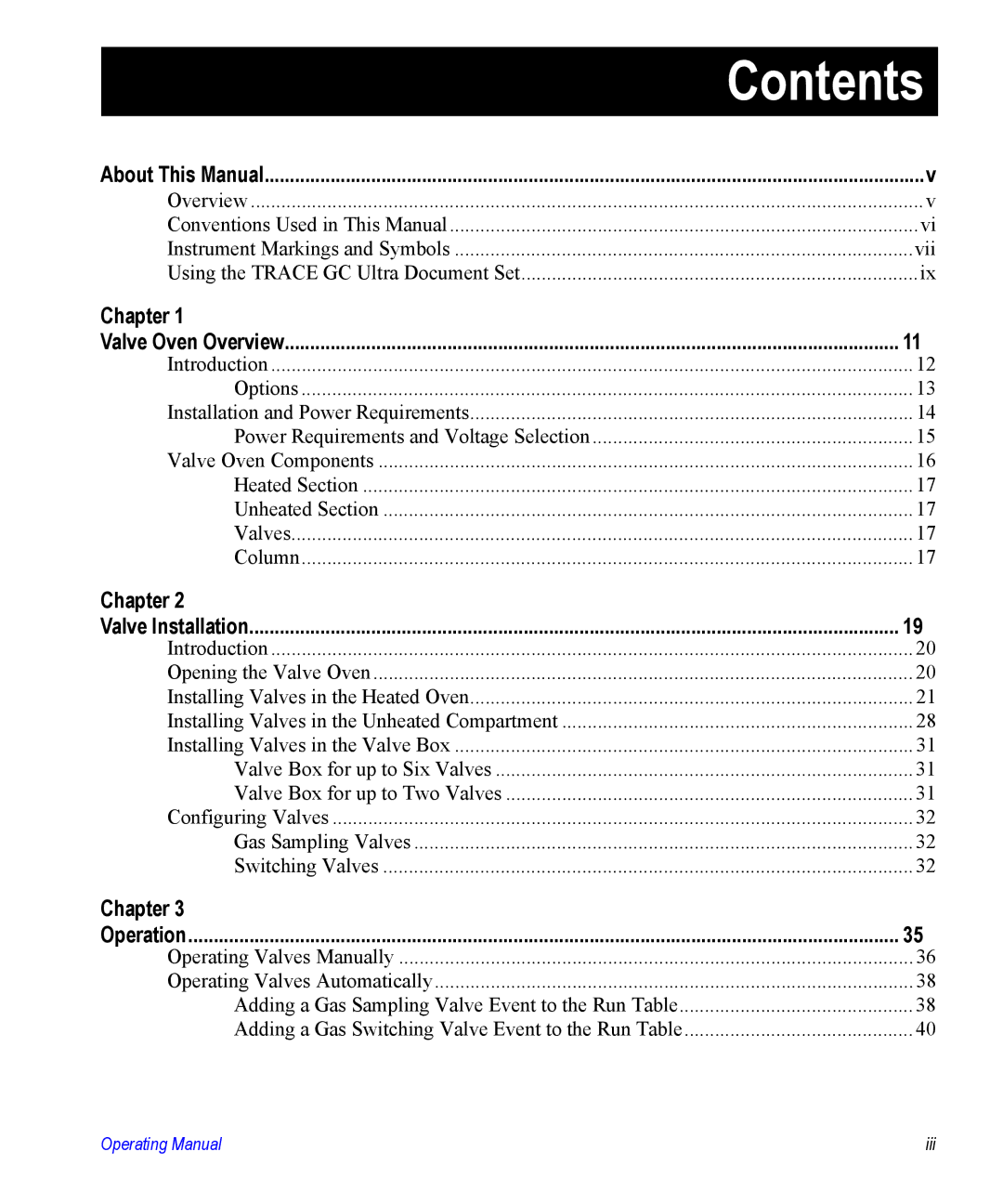 Valco electronic Valve Oven manual Contents 