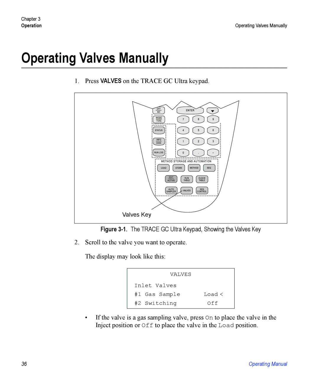 Valco electronic Valve Oven manual Operating Valves Manually, Trace GC Ultra Keypad, Showing the Valves Key 