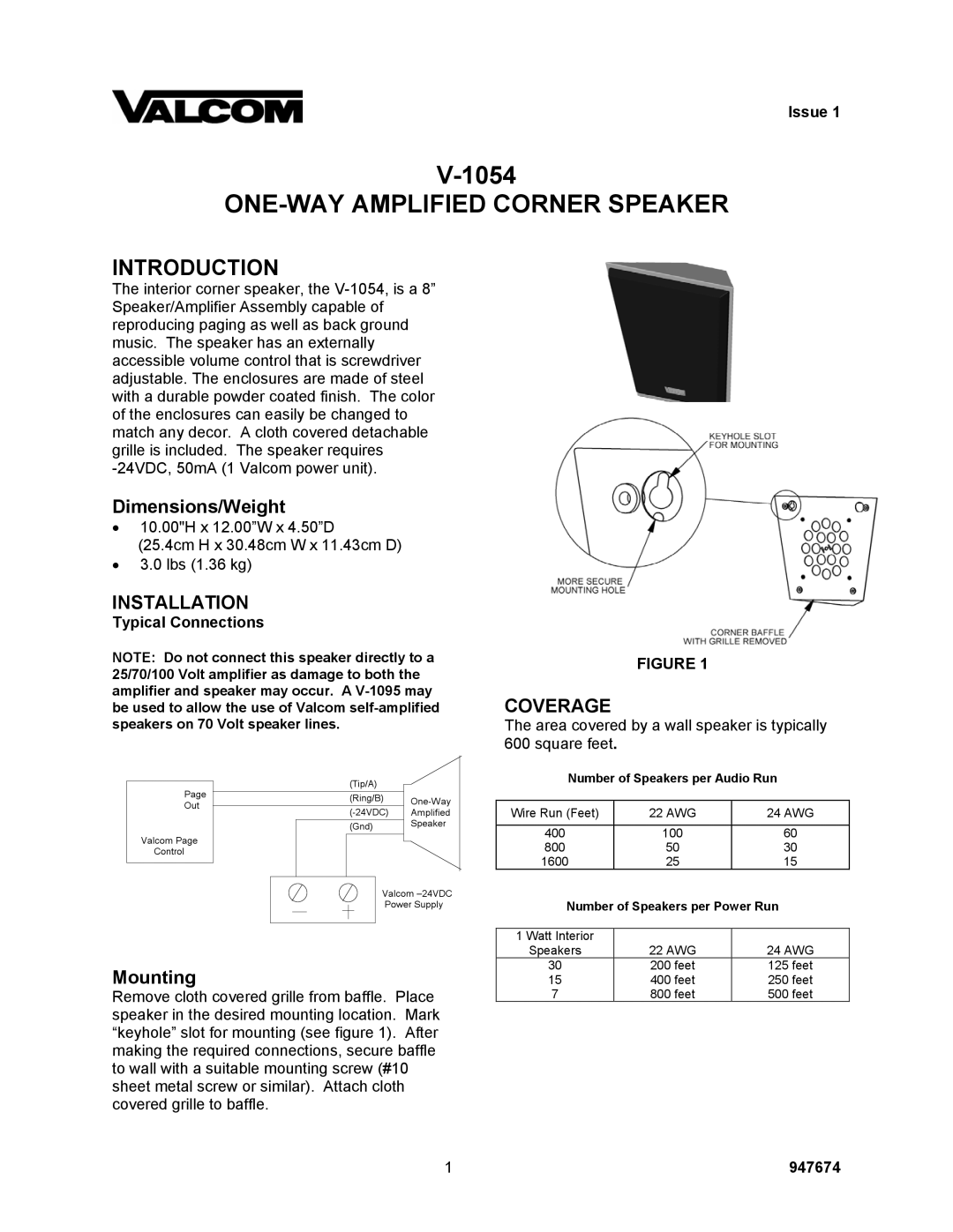 Valcom V-1054 dimensions ONE-WAY Amplified Corner Speaker, Introduction, Installation, Coverage 