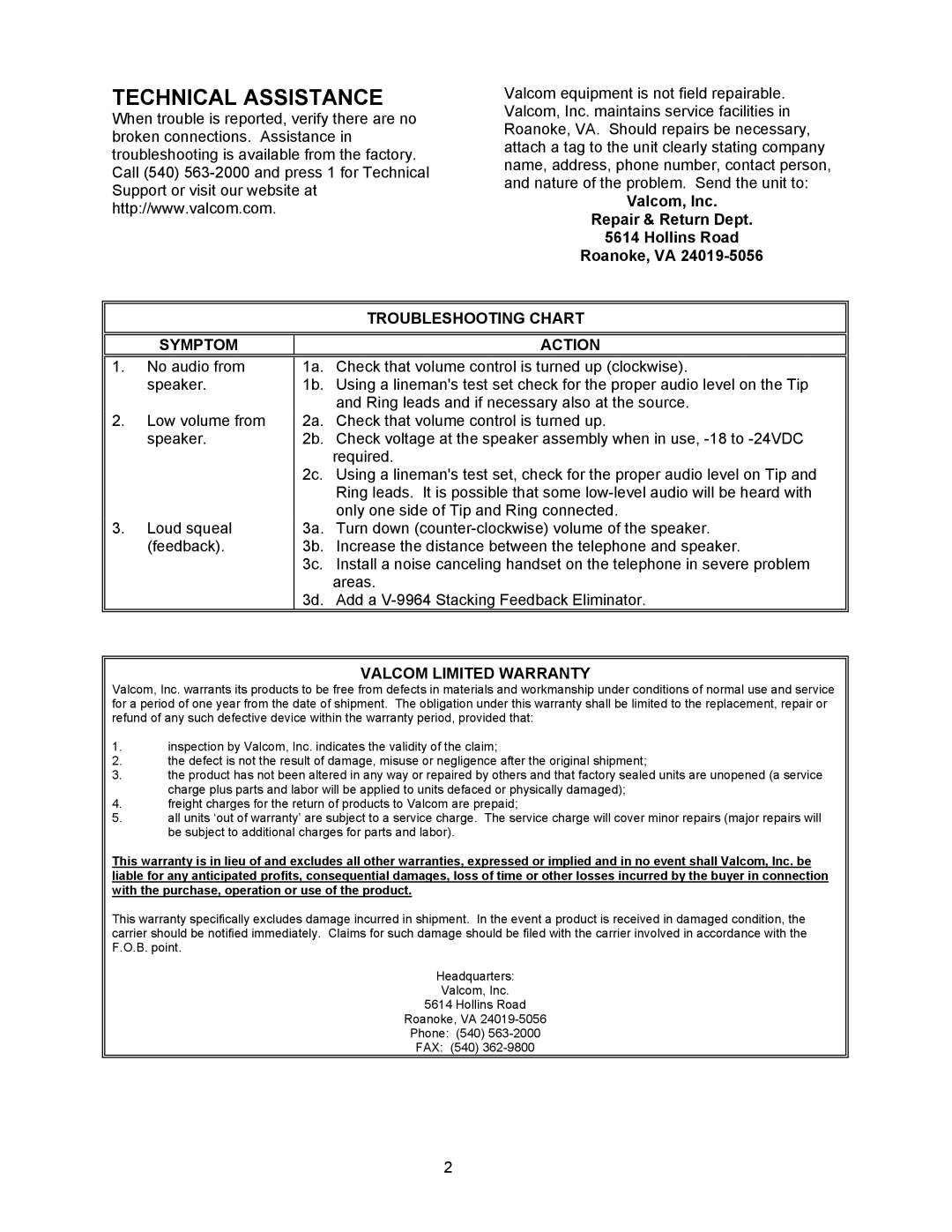 Valcom V-1054 dimensions Technical Assistance, Troubleshooting Chart, Symptom Action, Valcom Limited Warranty 