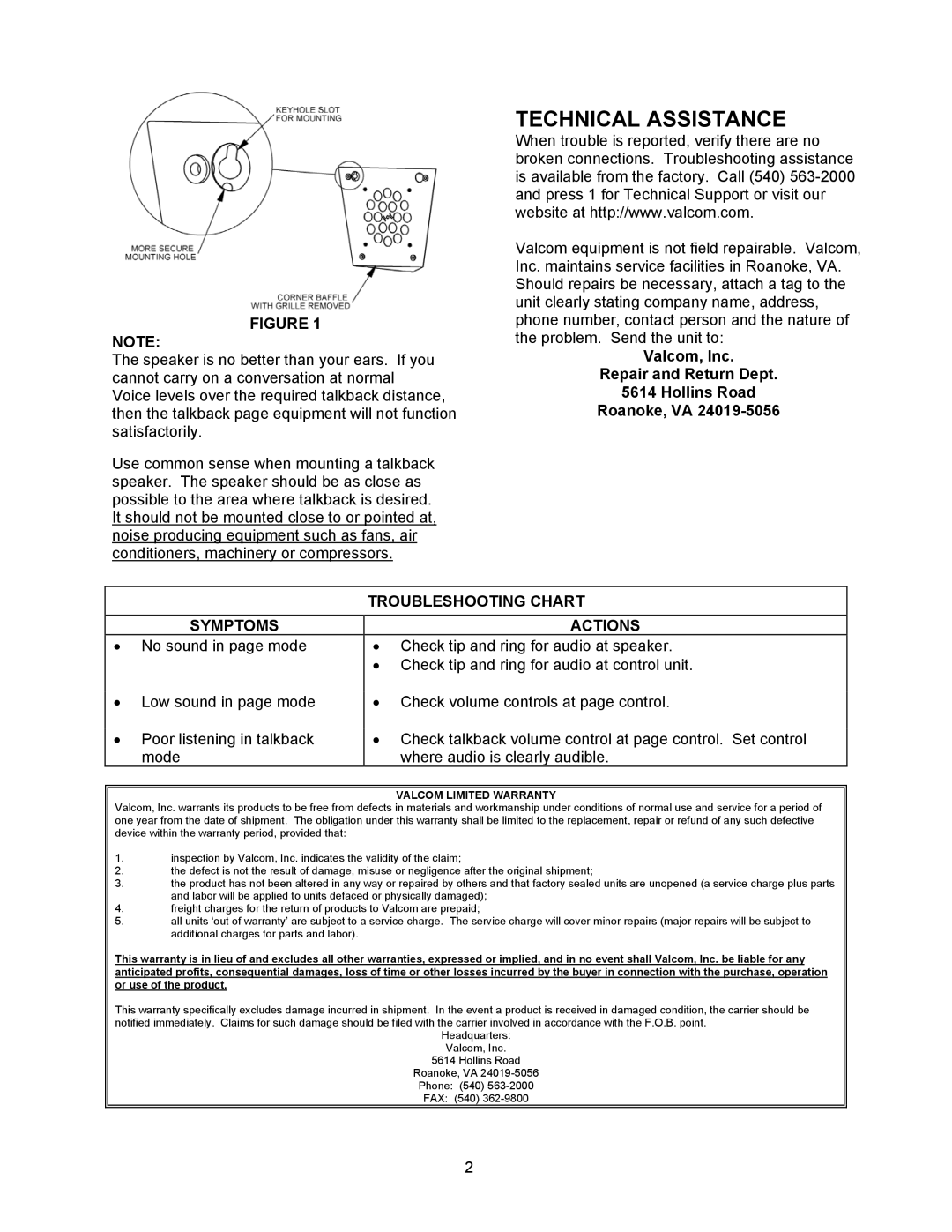 Valcom V-1055 dimensions Technical Assistance, Symptoms Actions 